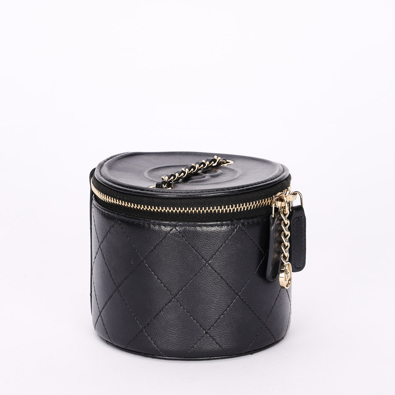 Chanel Mini Round Vanity Case with Chain Black Lambskin CGHW