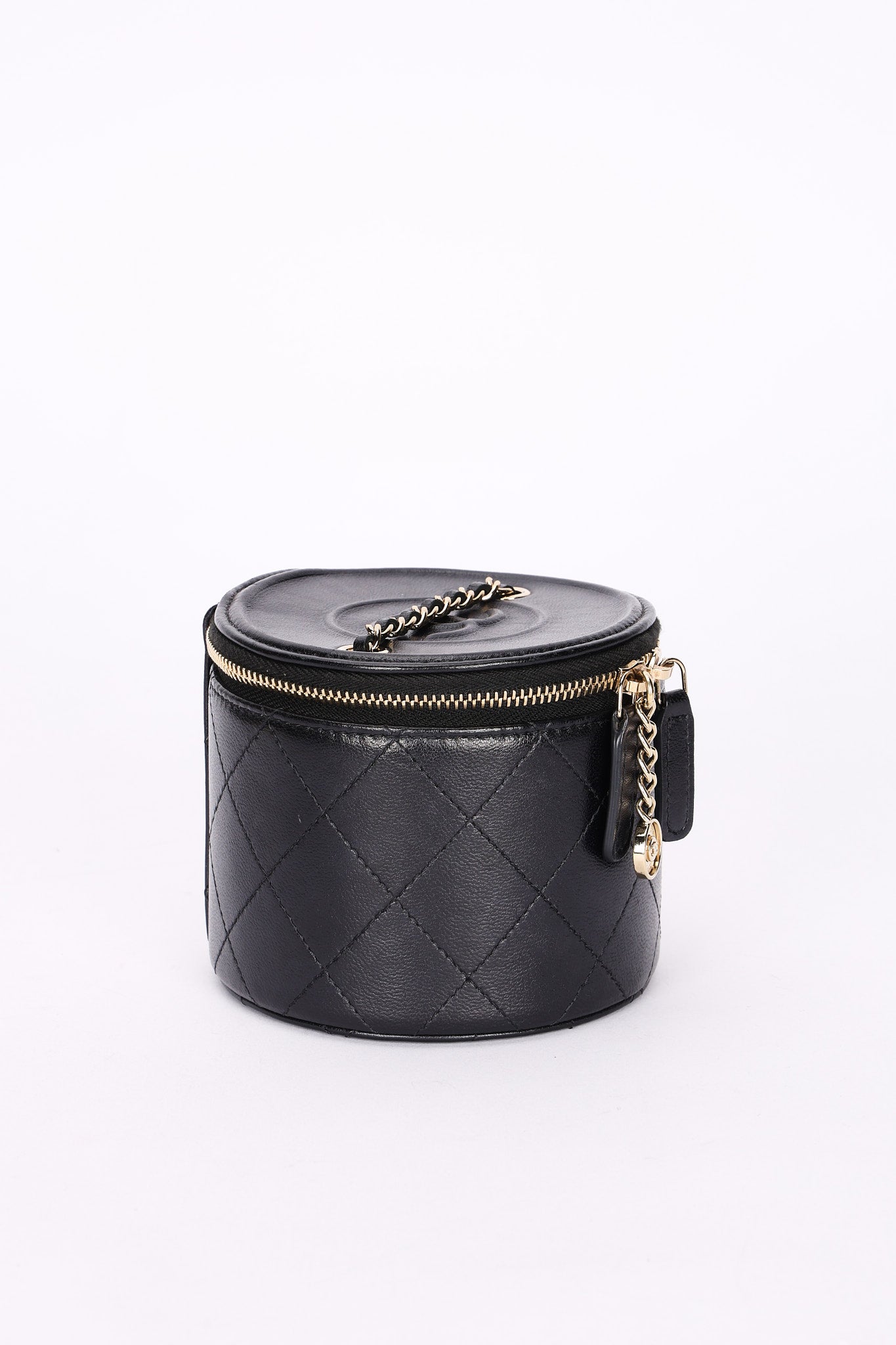 Chanel Mini Round Vanity Case with Chain Black Lambskin CGHW