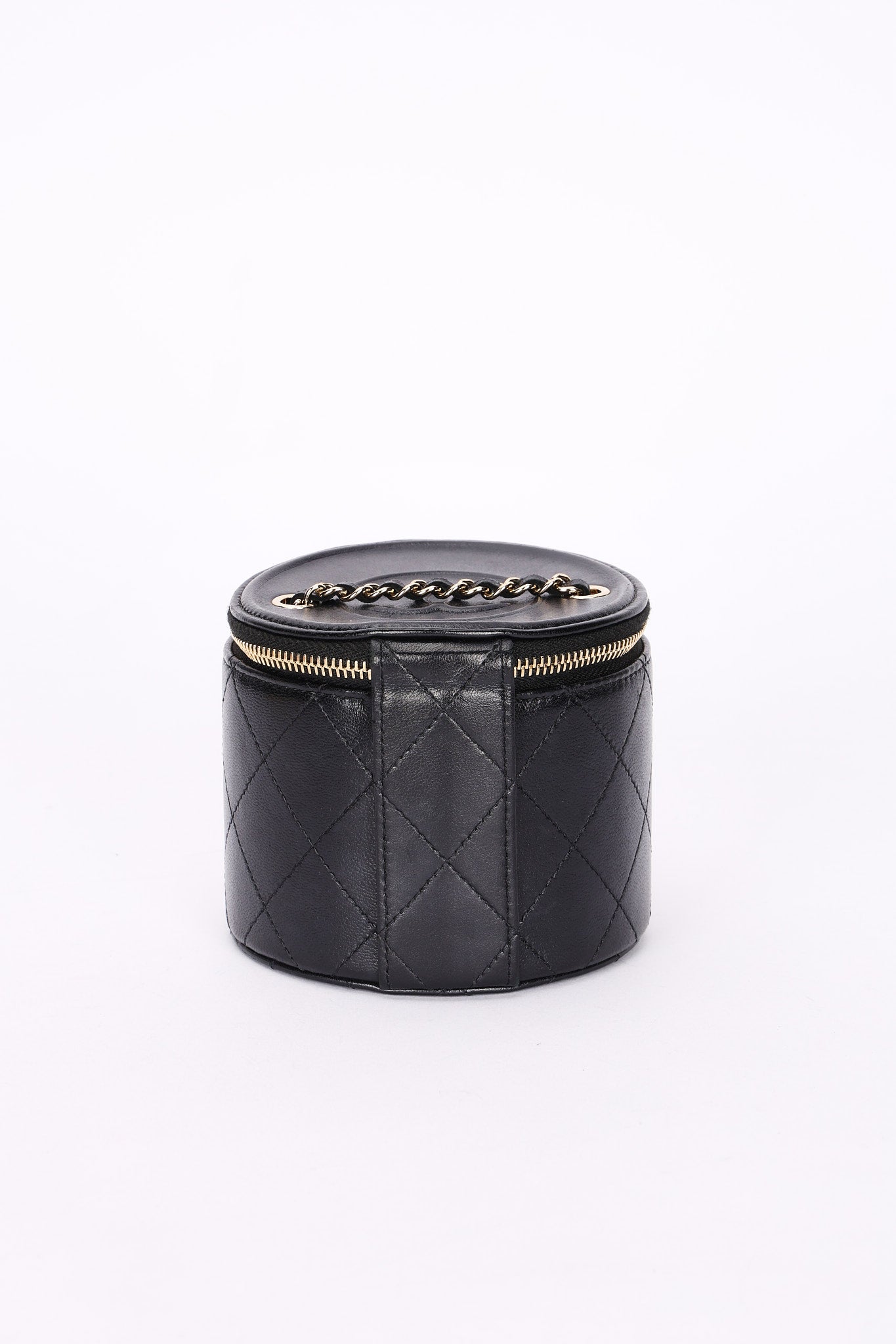 Chanel Mini Round Vanity Case with Chain Black Lambskin CGHW