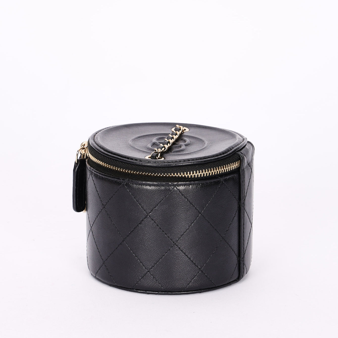 Chanel Mini Round Vanity Case with Chain Black Lambskin CGHW