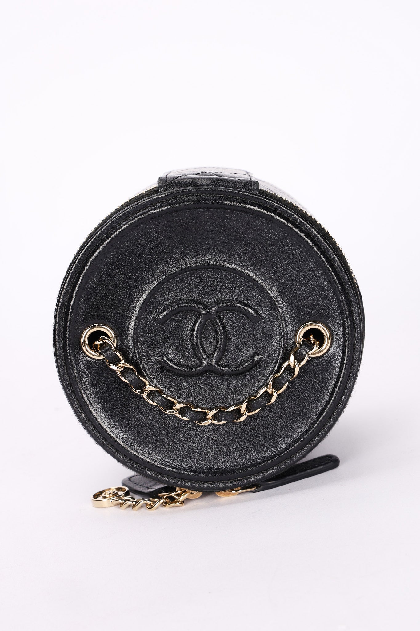 Chanel Mini Round Vanity Case with Chain Black Lambskin CGHW