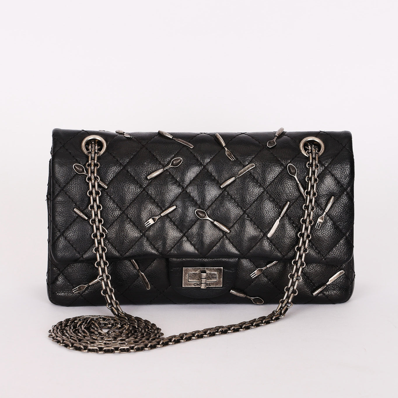 Chanel 2.55 Reissue Double Flap 225 Brasserie Charms Black Calfskin RHW