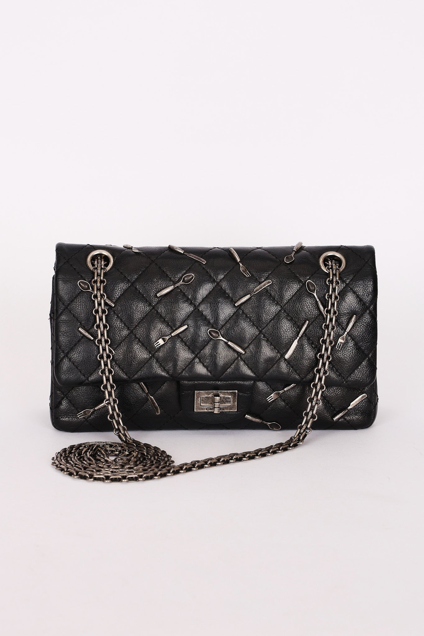 Chanel 2.55 Reissue Double Flap 225 Brasserie Charms Black Calfskin RHW