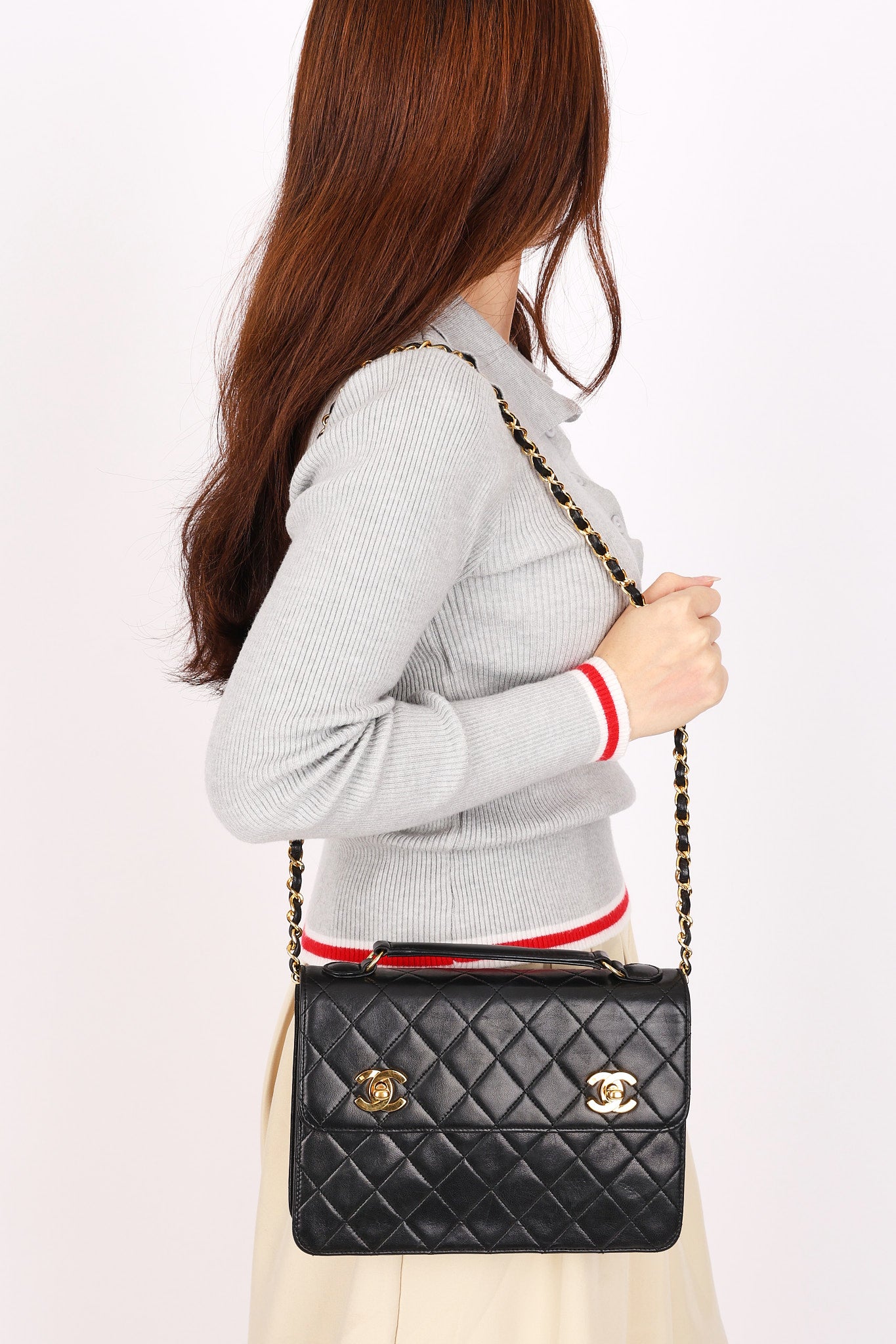 Ultra-Rare Chanel Double Turnlock Mini Briefcase Bag Black Lambskin 24K GP