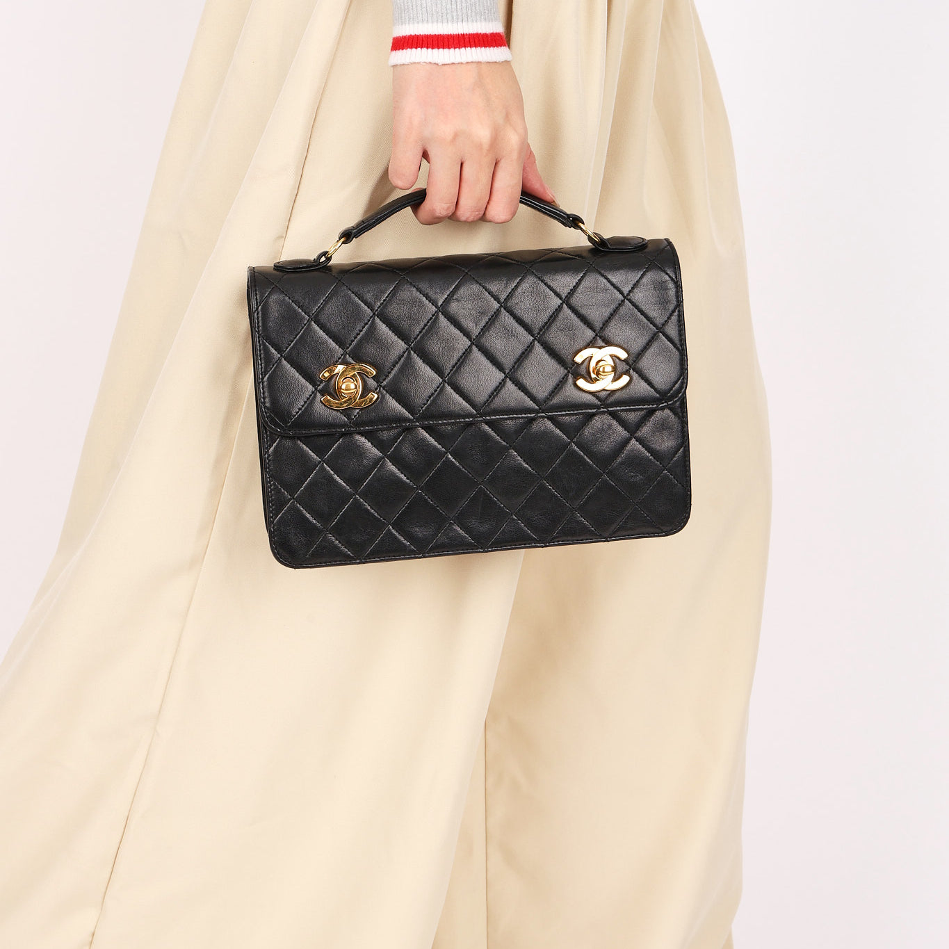 Ultra-Rare Chanel Double Turnlock Mini Briefcase Bag Black Lambskin 24K GP