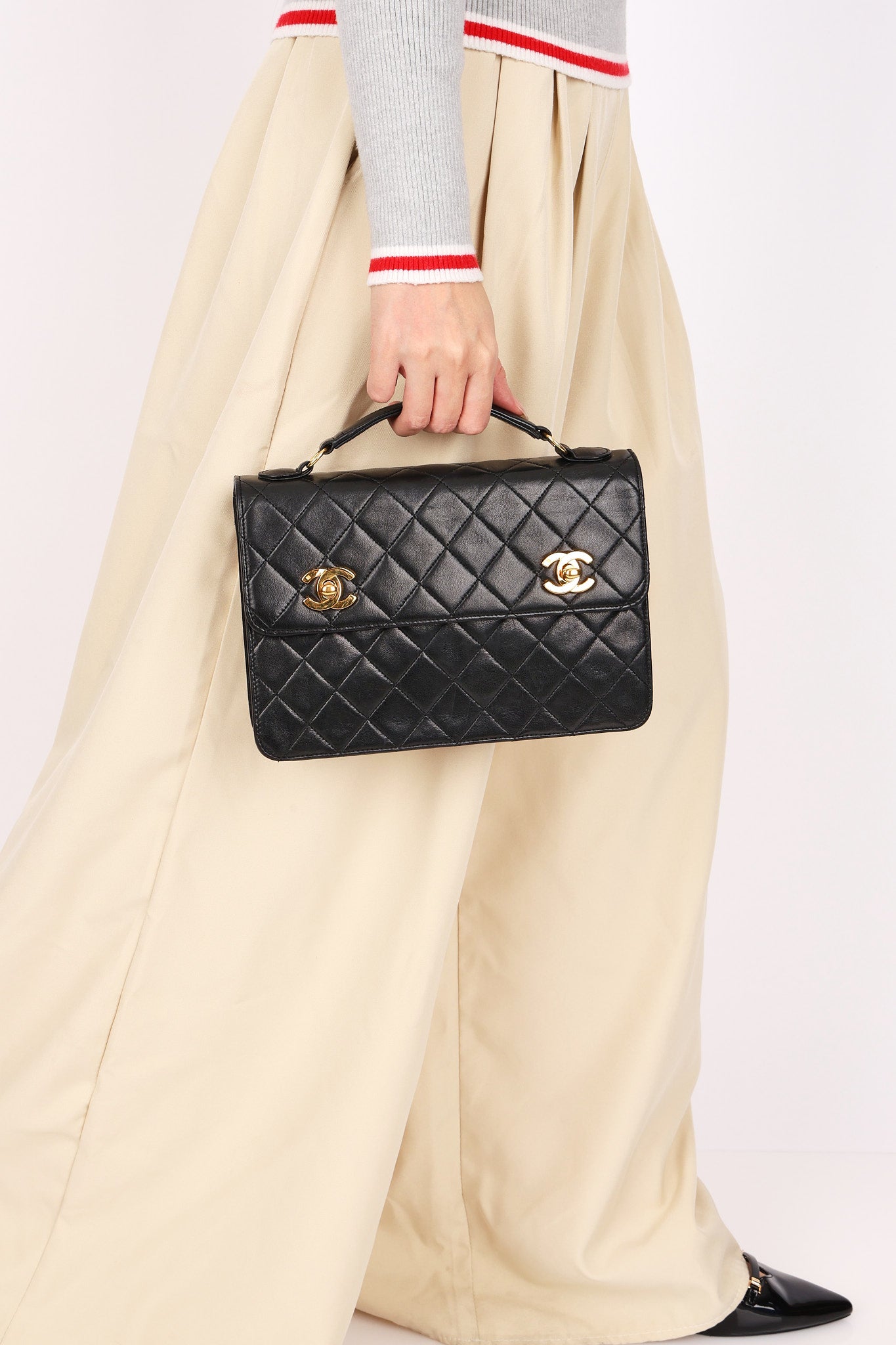 Ultra-Rare Chanel Double Turnlock Mini Briefcase Bag Black Lambskin 24K GP