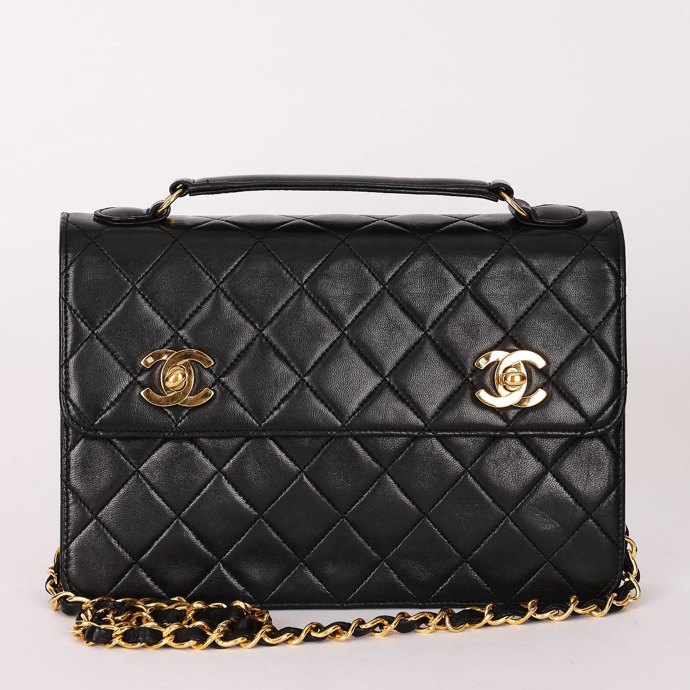 Ultra-Rare Chanel Double Turnlock Mini Briefcase Bag Black Lambskin 24K GP