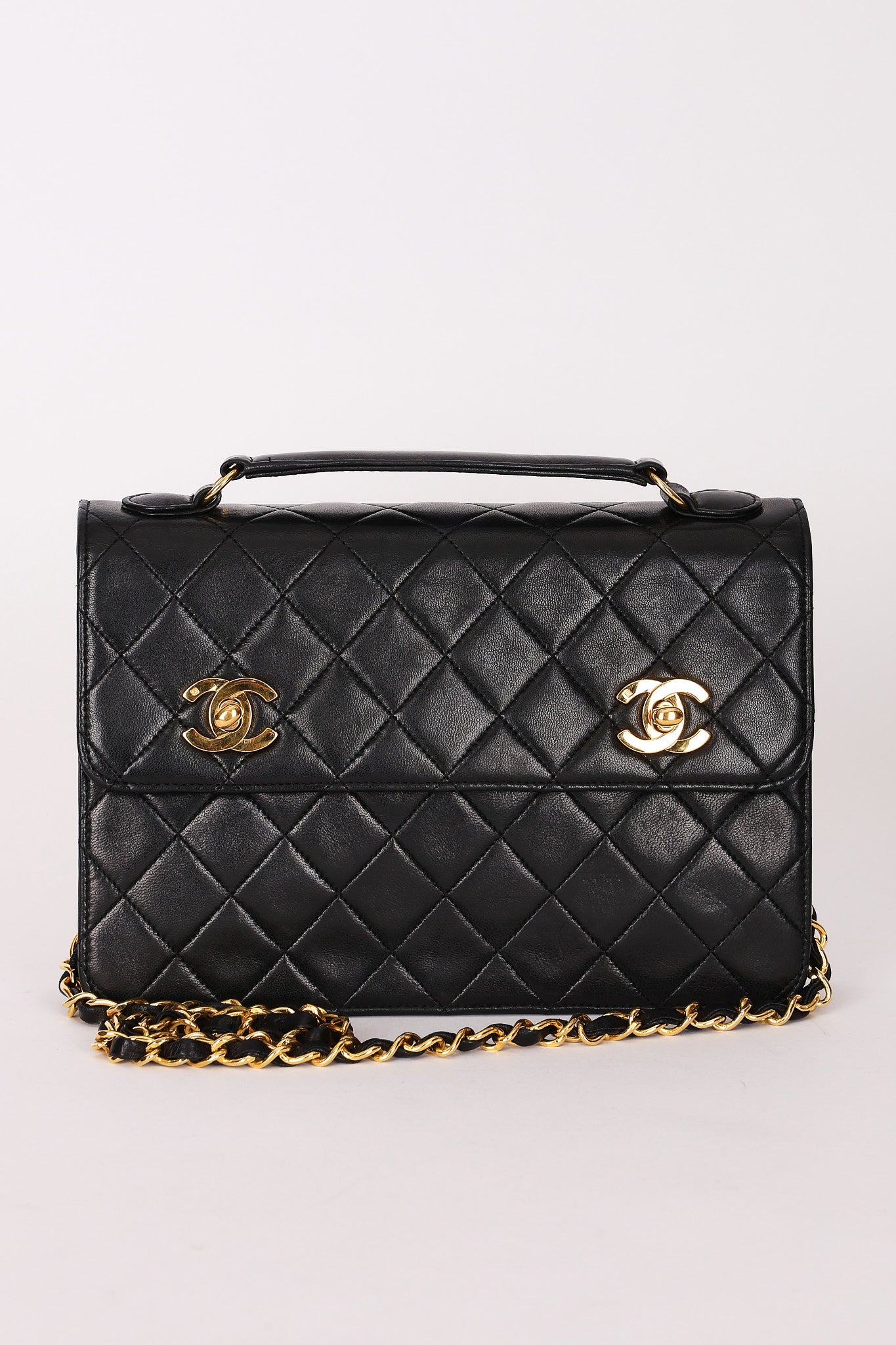 Ultra-Rare Chanel Double Turnlock Mini Briefcase Bag Black Lambskin 24K GP