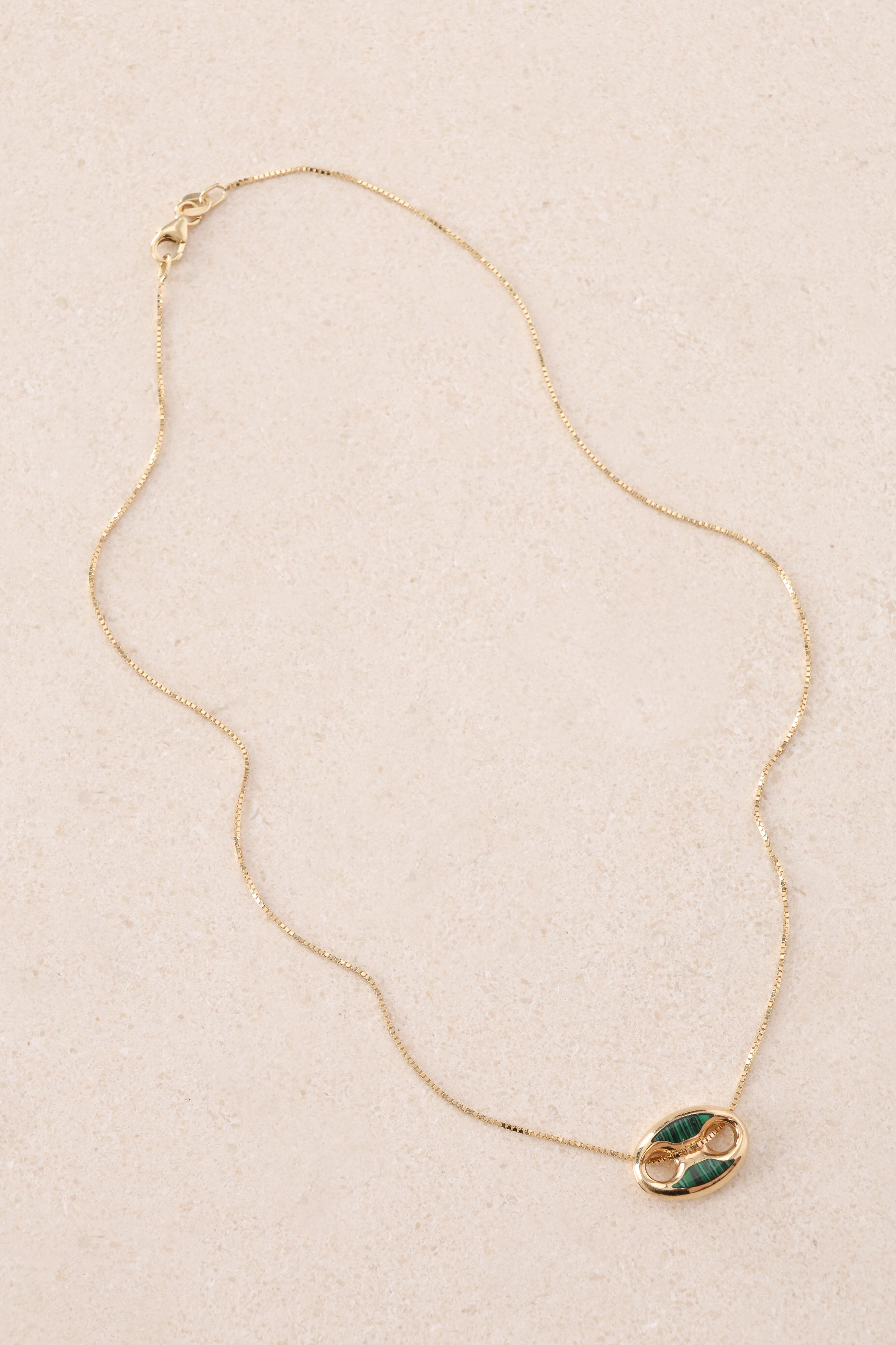 18K Yellow Gold Malachite Mariner Chain Pendant Box Chain Necklace