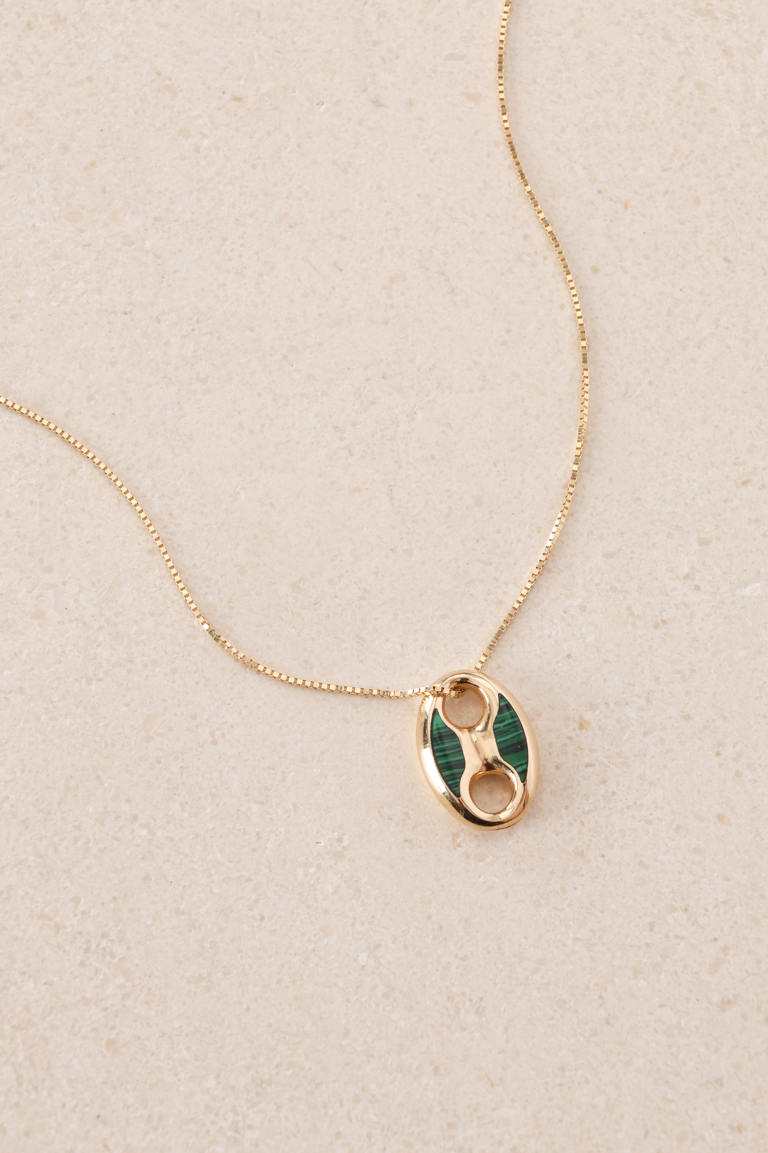 18K Yellow Gold Malachite Mariner Chain Pendant Box Chain Necklace