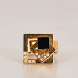 Vintage 1990s Art Deco 18K Yellow Gold Onyx Swivel Ring, Size US 5