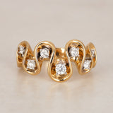 Modern 14K Yellow Gold and Diamond Wavy Reef Ring, Size US 7