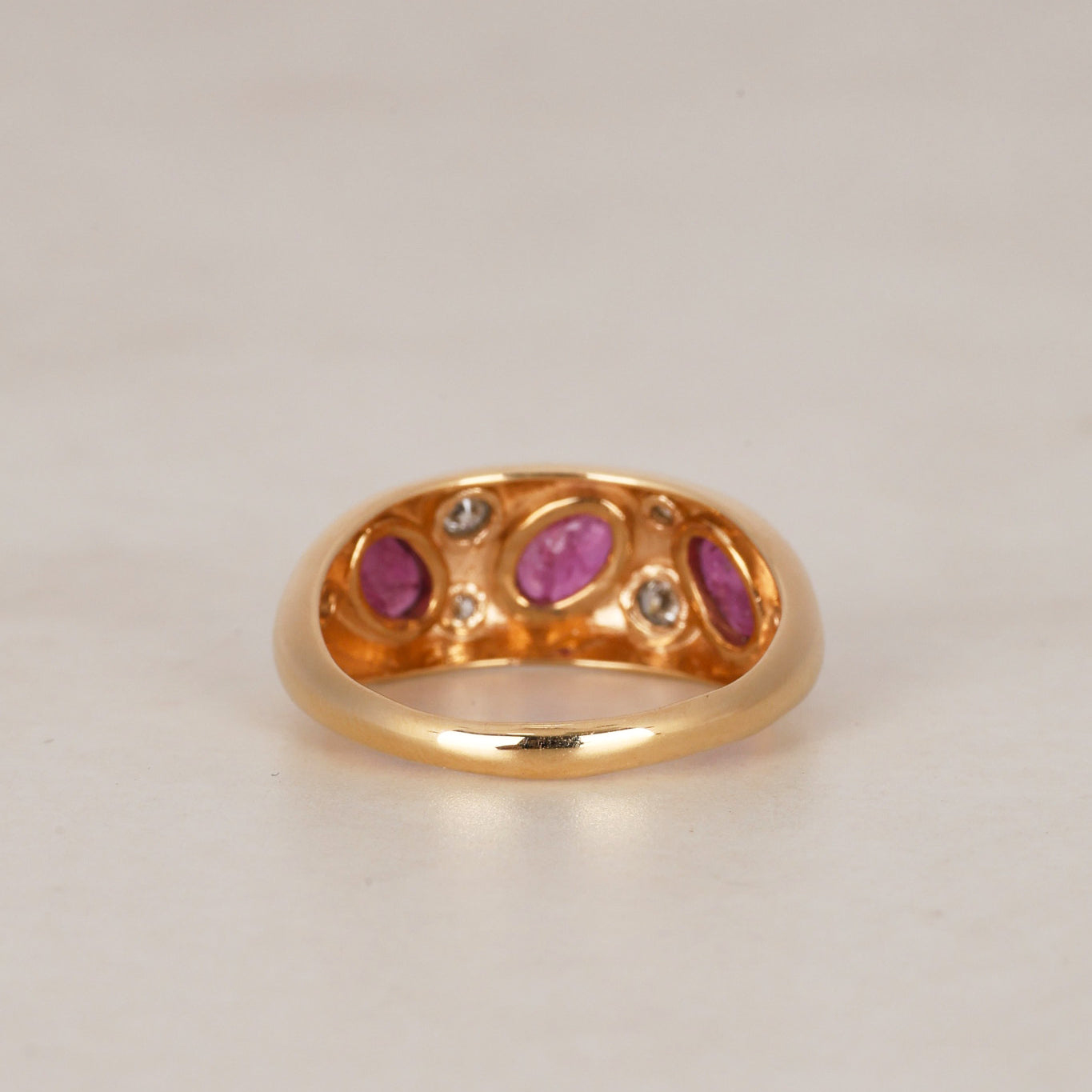 Modern 14K Yellow Gold Ruby and Diamond Scattered Dome Ring, Size US 8