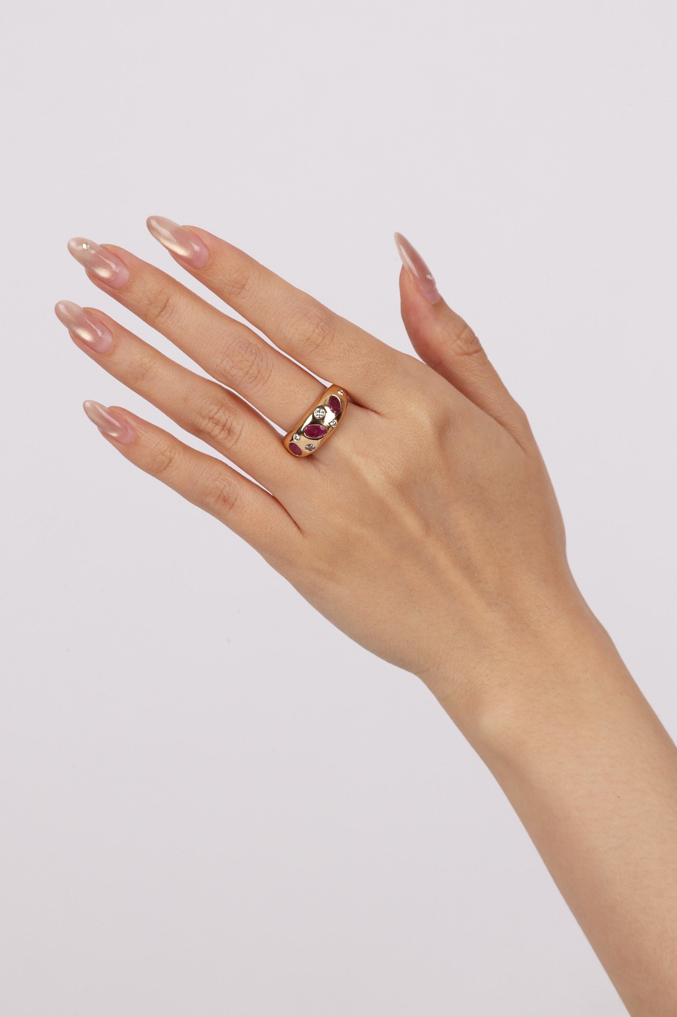 14K Yellow Gold Ruby and Diamond Scattered Dome Ring, Size US 8