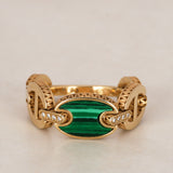 Modern 14K Yellow Gold Malachite & Diamond Mariner Ring, Size US 7