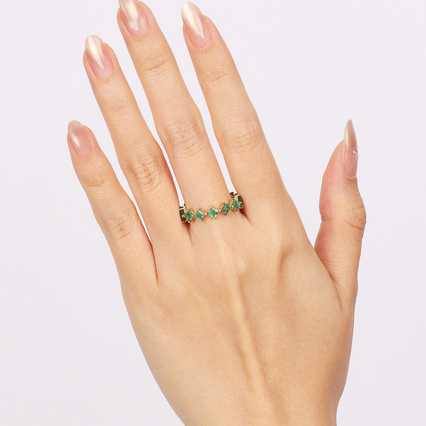 14K Yellow Gold and Square Emerald Band Ring, Size US 7