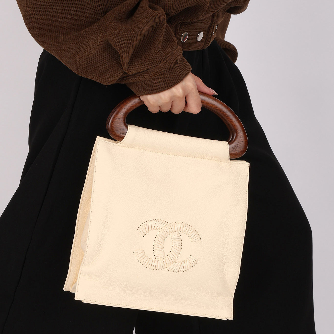 Chanel Wooden Top Handle Bag Ivory Calfskin 2004