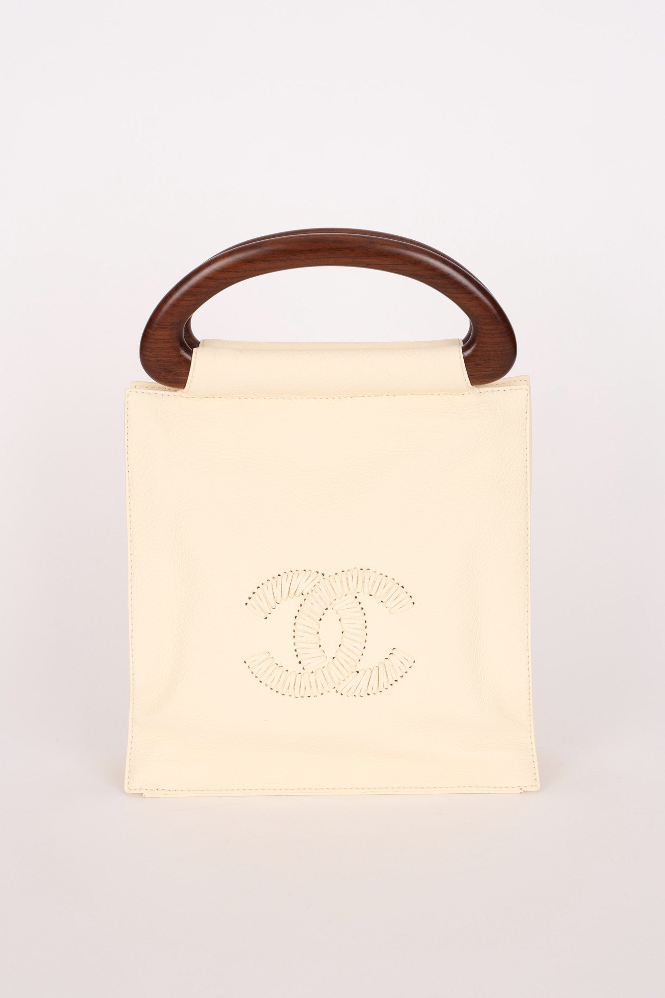 Chanel Wooden Top Handle Bag Ivory Calfskin