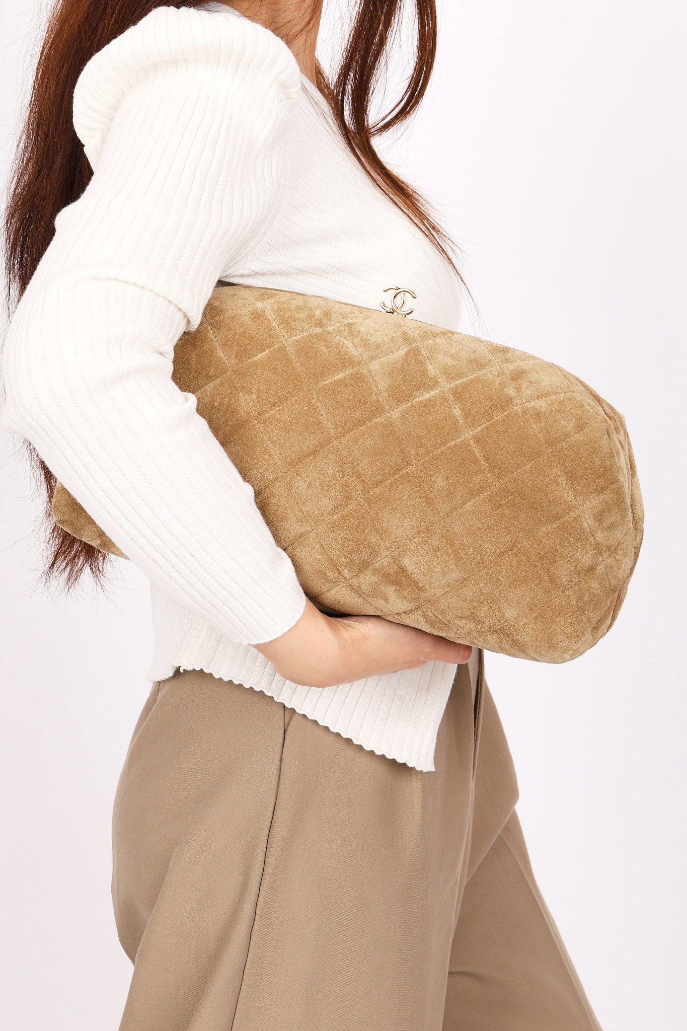 Chanel Large Quilted Clutch with Chain Taupe Suede GHW