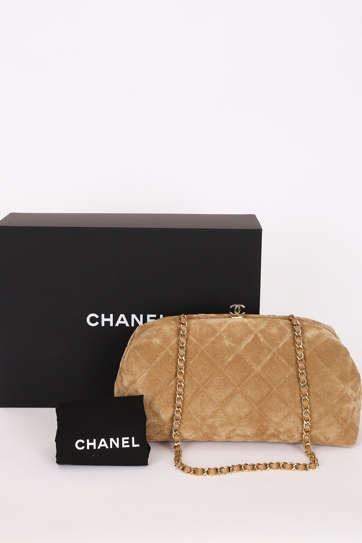 Chanel Large Quilted Clutch with Chain Taupe Suede GHW