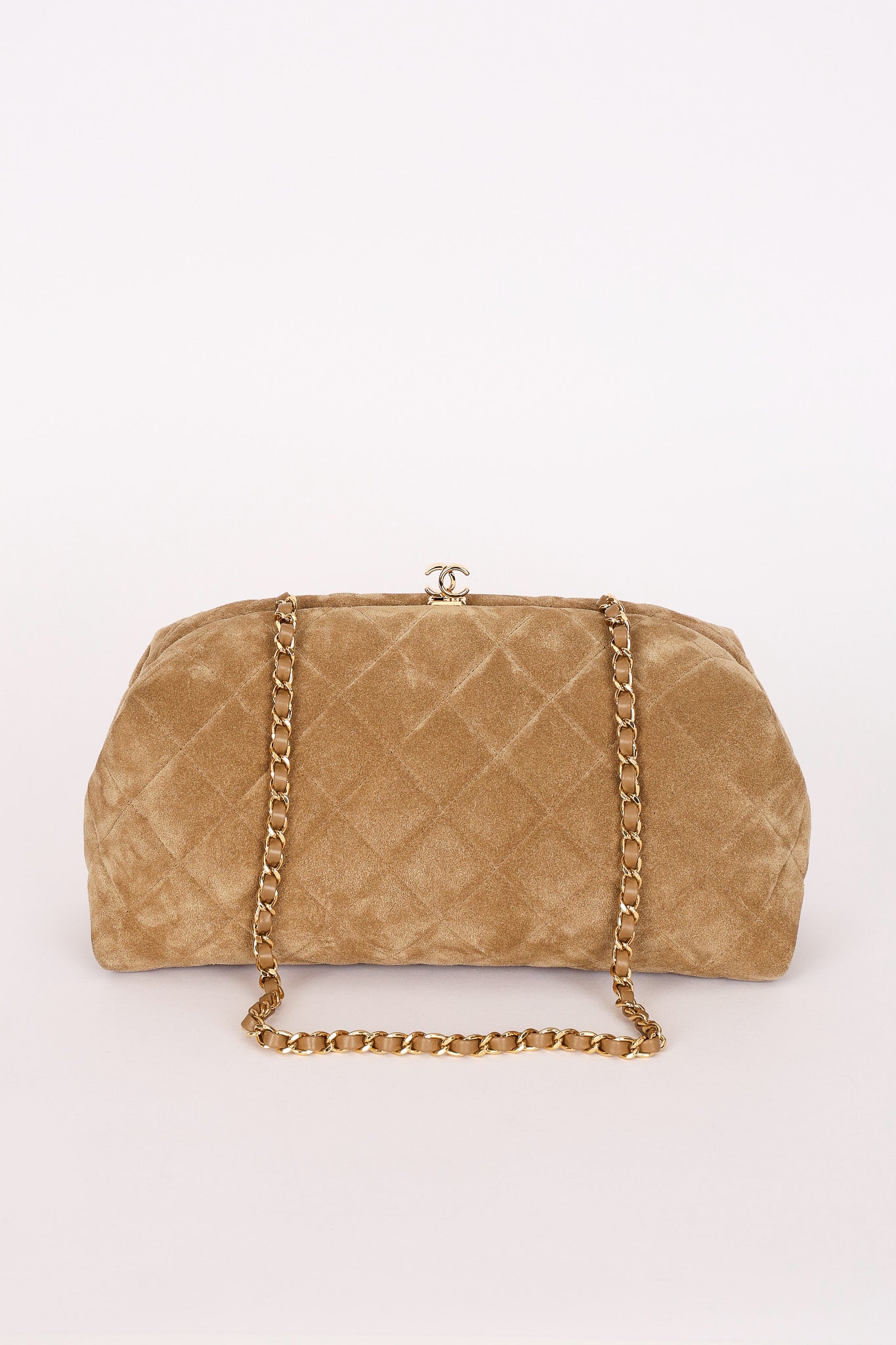 Chanel Large Quilted Clutch with Chain Taupe Suede GHW