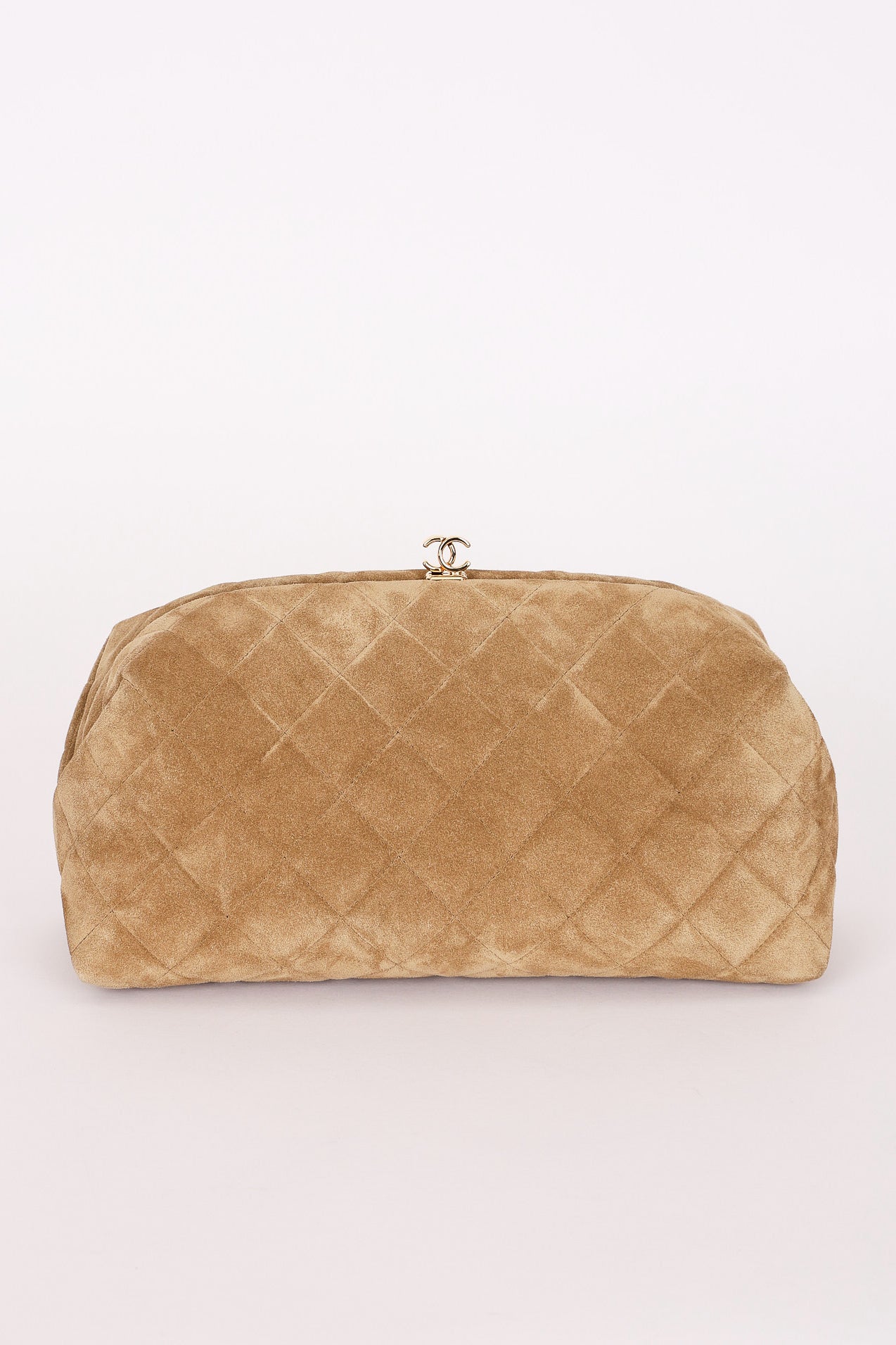 Chanel Large Quilted Clutch with Chain Taupe Suede GHW