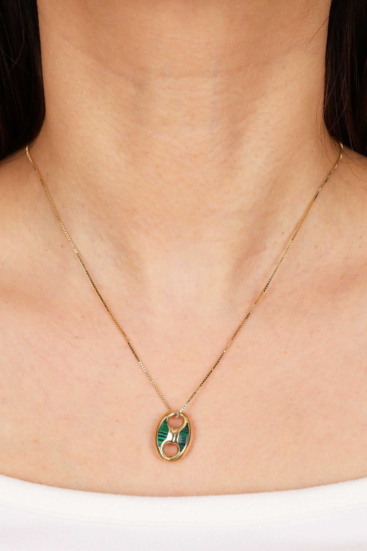 14K Yellow Gold FashioNica Malachite Mariner Chain Pendant Box Chain Necklace