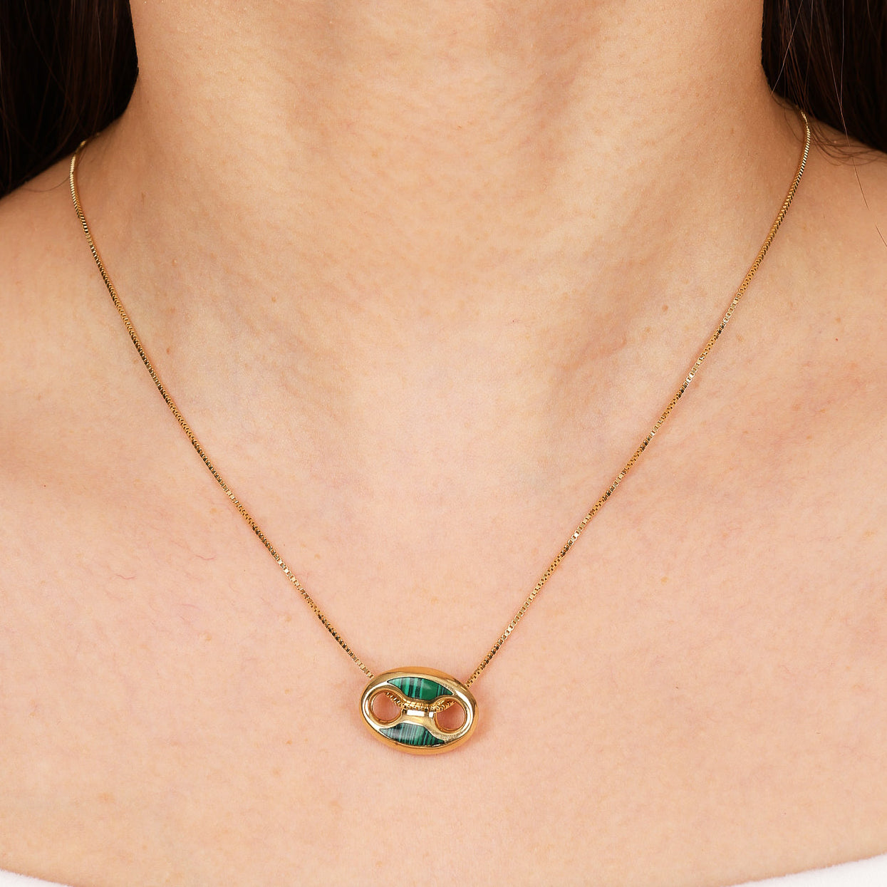 14K Yellow Gold FashioNica Malachite Mariner Chain Pendant Box Chain Necklace