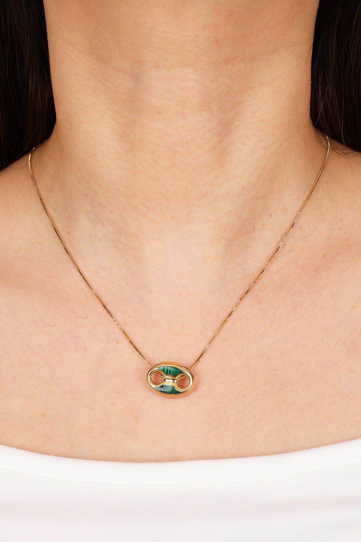 14K Yellow Gold FashioNica Malachite Mariner Chain Pendant Box Chain Necklace