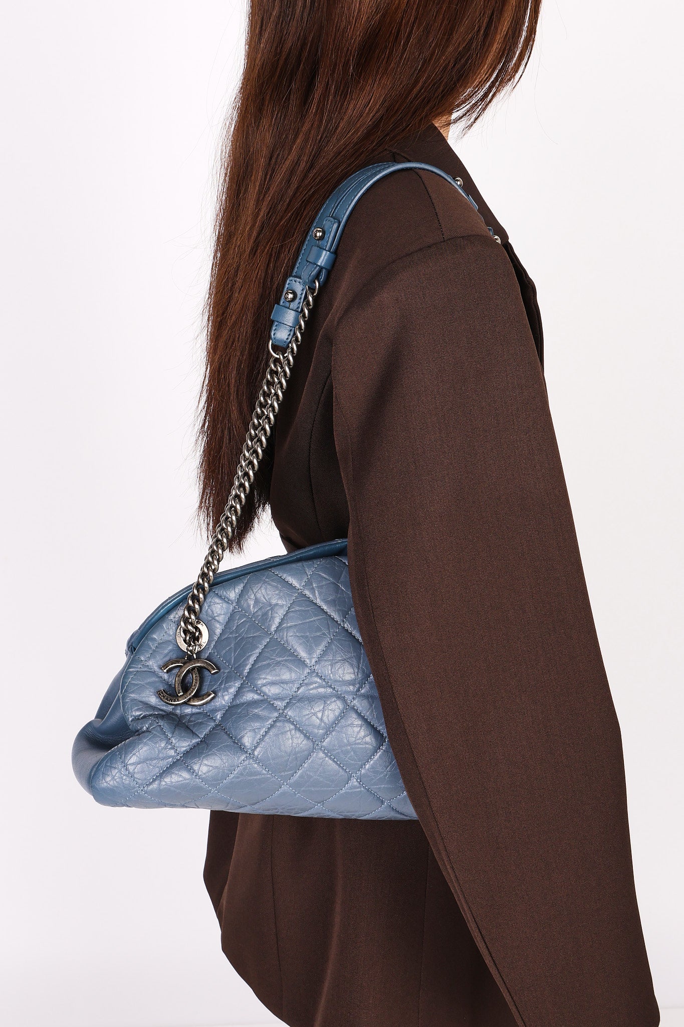 Chanel Just Mademoiselle Bowling Bag Blue Crinkled Calfskin 2011 RHW