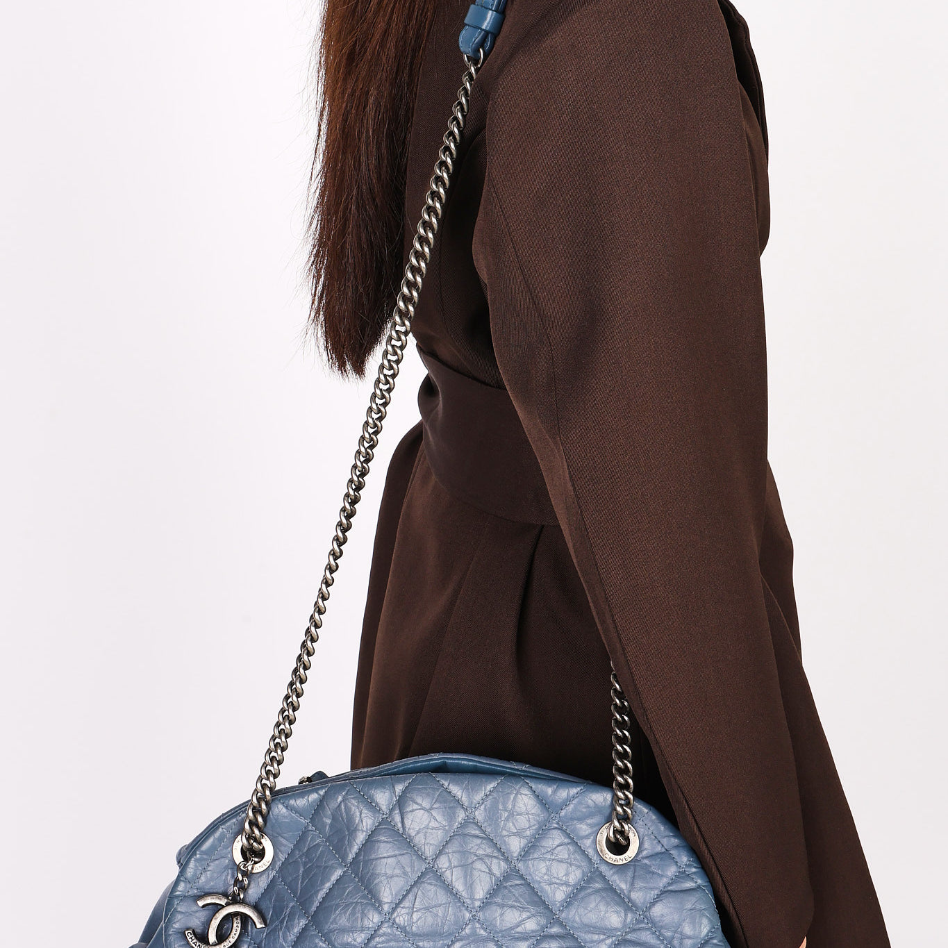 Chanel Just Mademoiselle Bowling Bag Blue Crinkled Calfskin 2011 RHW