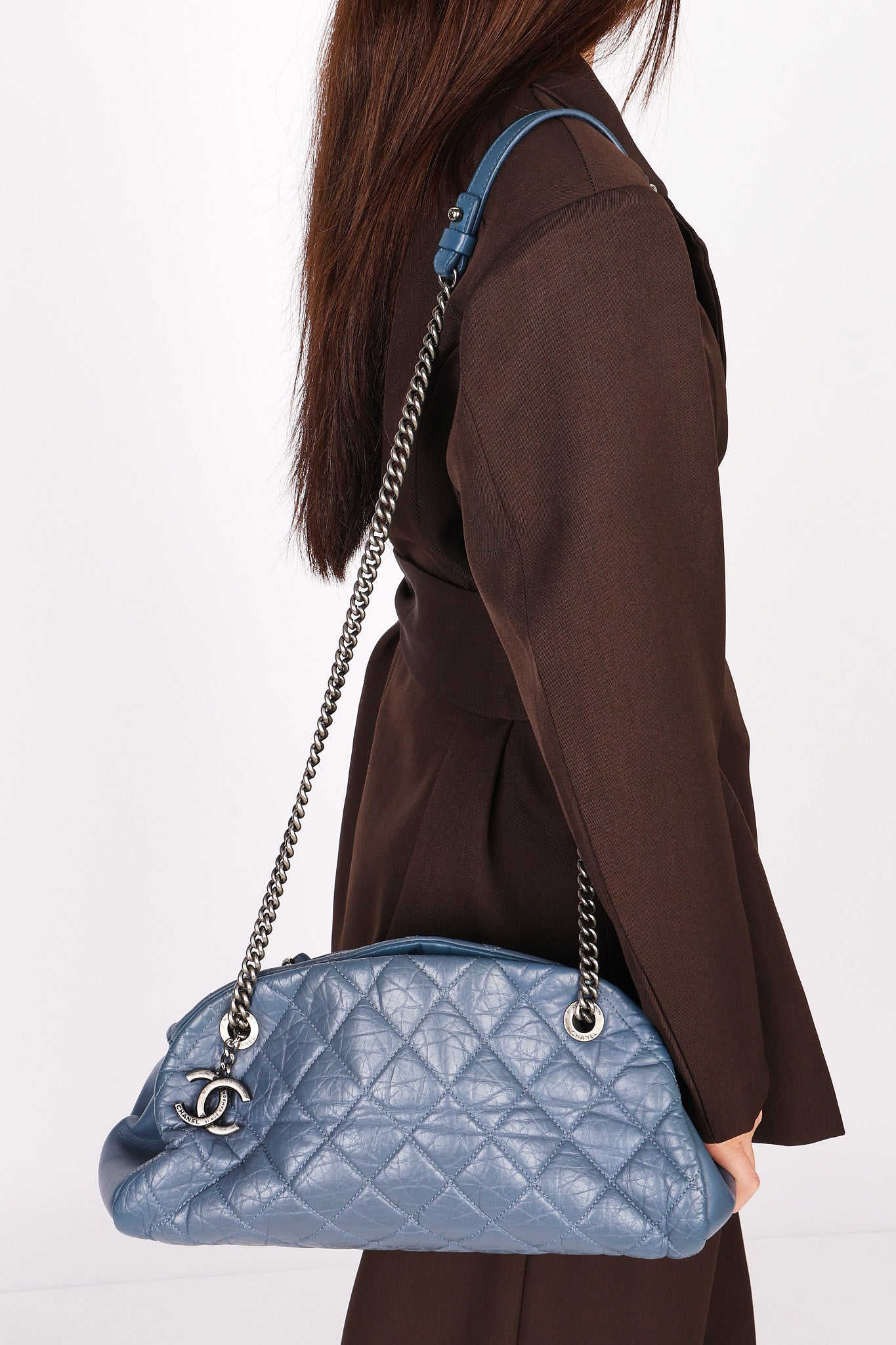 Chanel Just Mademoiselle Bowling Bag Blue Crinkled Calfskin 2011 RHW
