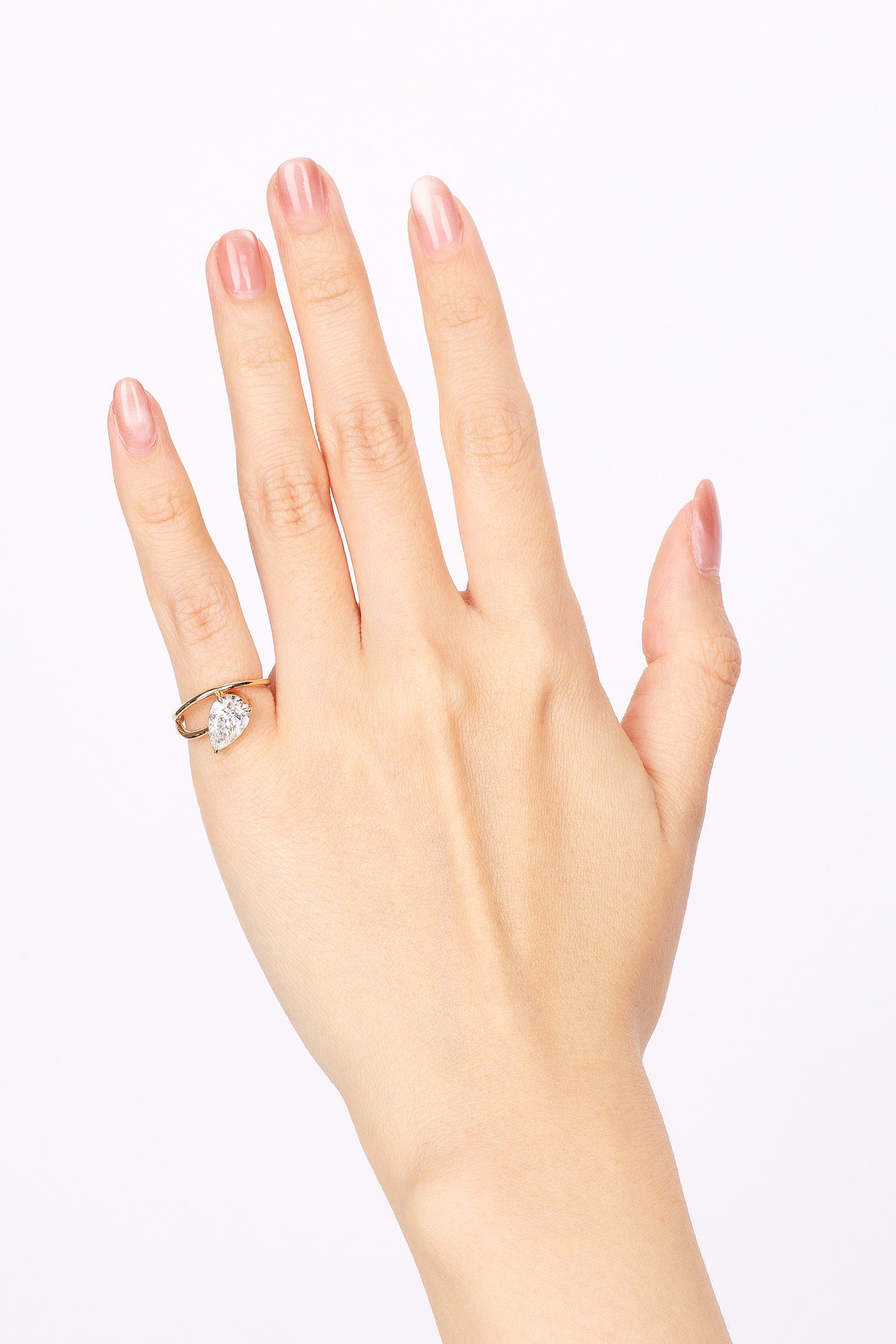 14K Yellow Gold Lab-Grown Pear Diamond Wave Band Ring, Size US 4.25