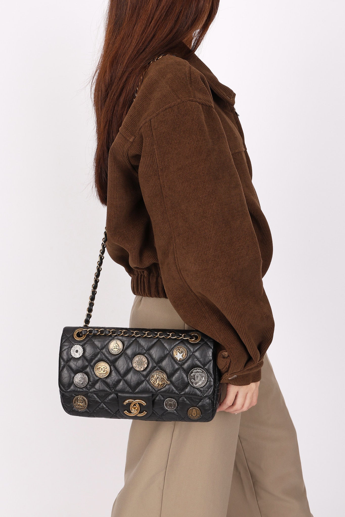 Chanel Medallion Coin Medium Single Flap Black Crinkled Calfskin MMHW