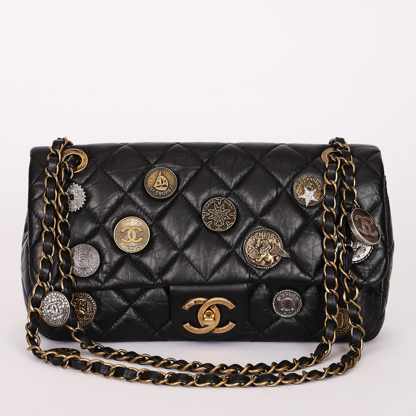 Chanel Medallion Coin Medium Single Flap Black Crinkled Calfskin MMHW