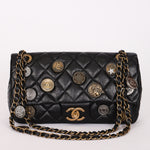 Chanel Medallion Coin Medium Single Flap Black Crinkled Calfskin MMHW