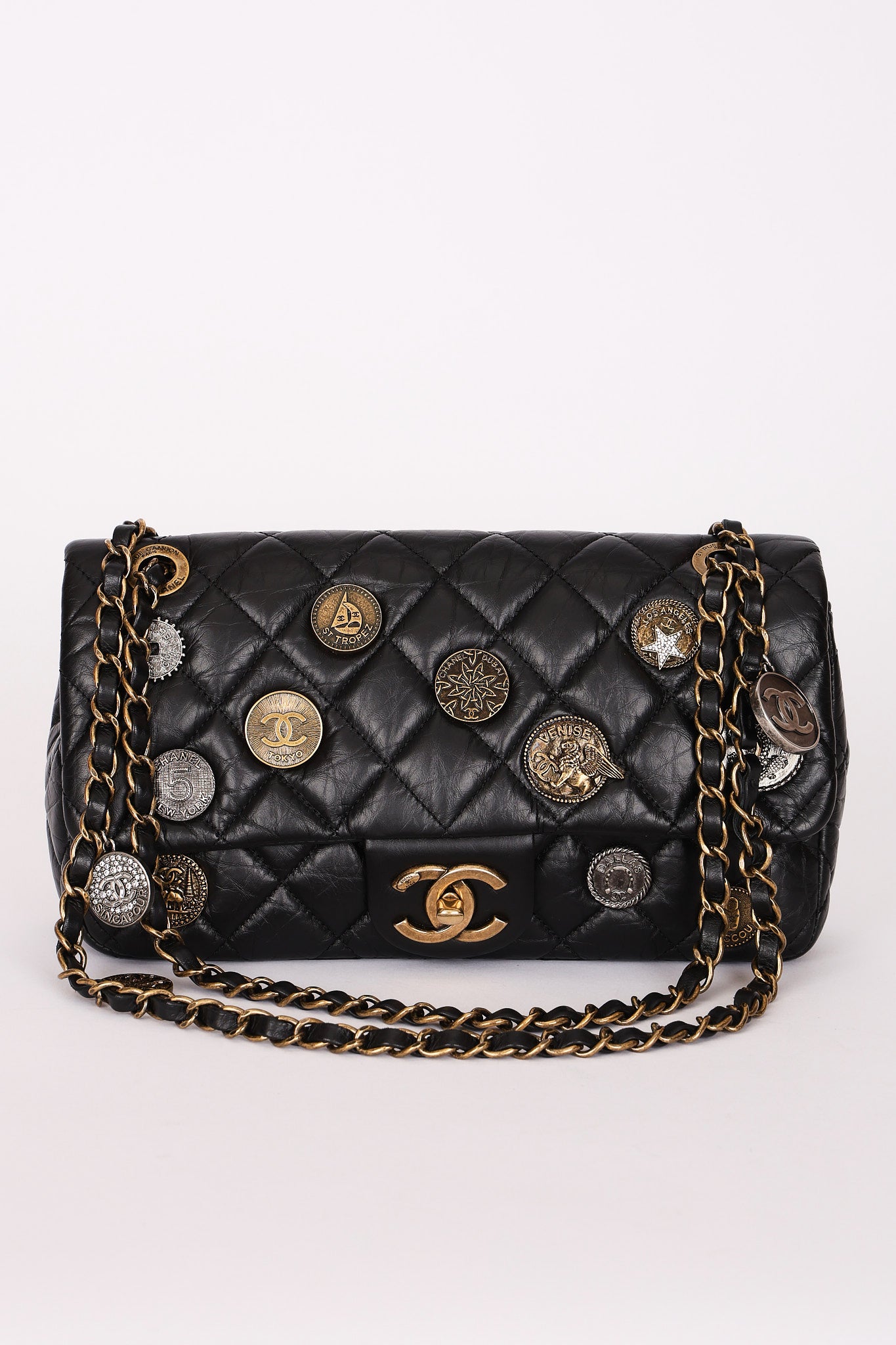 Chanel Medallion Coin Medium Single Flap Black Crinkled Calfskin MMHW