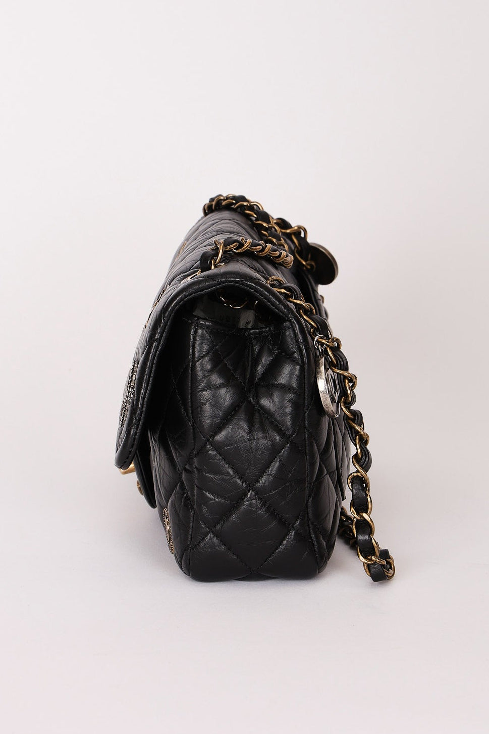 Chanel Medallion Coin Medium Single Flap Black Crinkled Calfskin MMHW