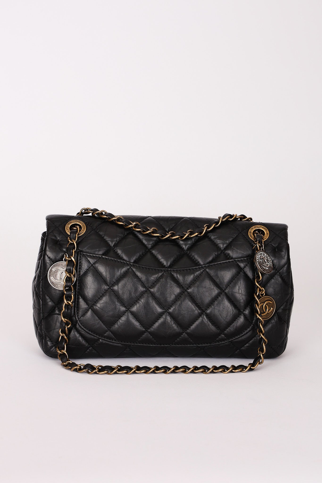 Chanel Medallion Coin Medium Single Flap Black Crinkled Calfskin MMHW