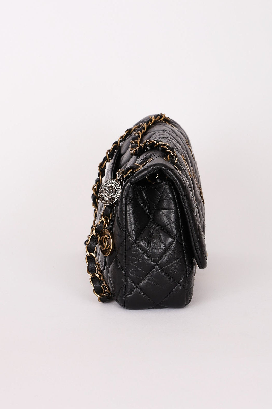 Chanel Medallion Coin Medium Single Flap Black Crinkled Calfskin MMHW