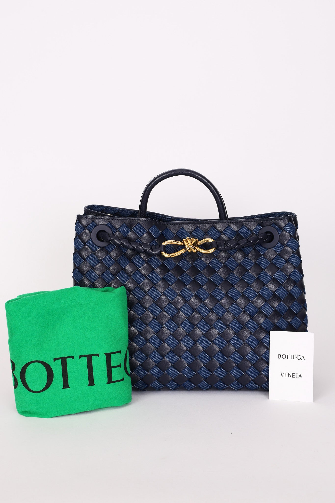 Limited Edition Bottega Veneta Medium Denim and Lambskin Intrecciato Andiamo Bag