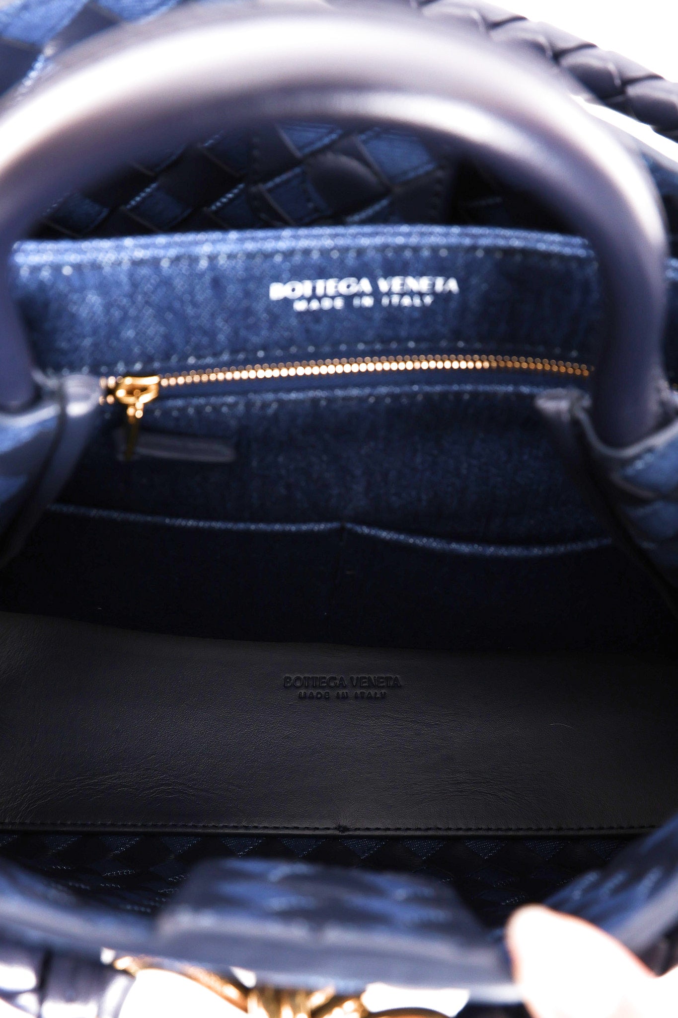 Limited Edition Bottega Veneta Medium Denim and Lambskin Intrecciato Andiamo Bag