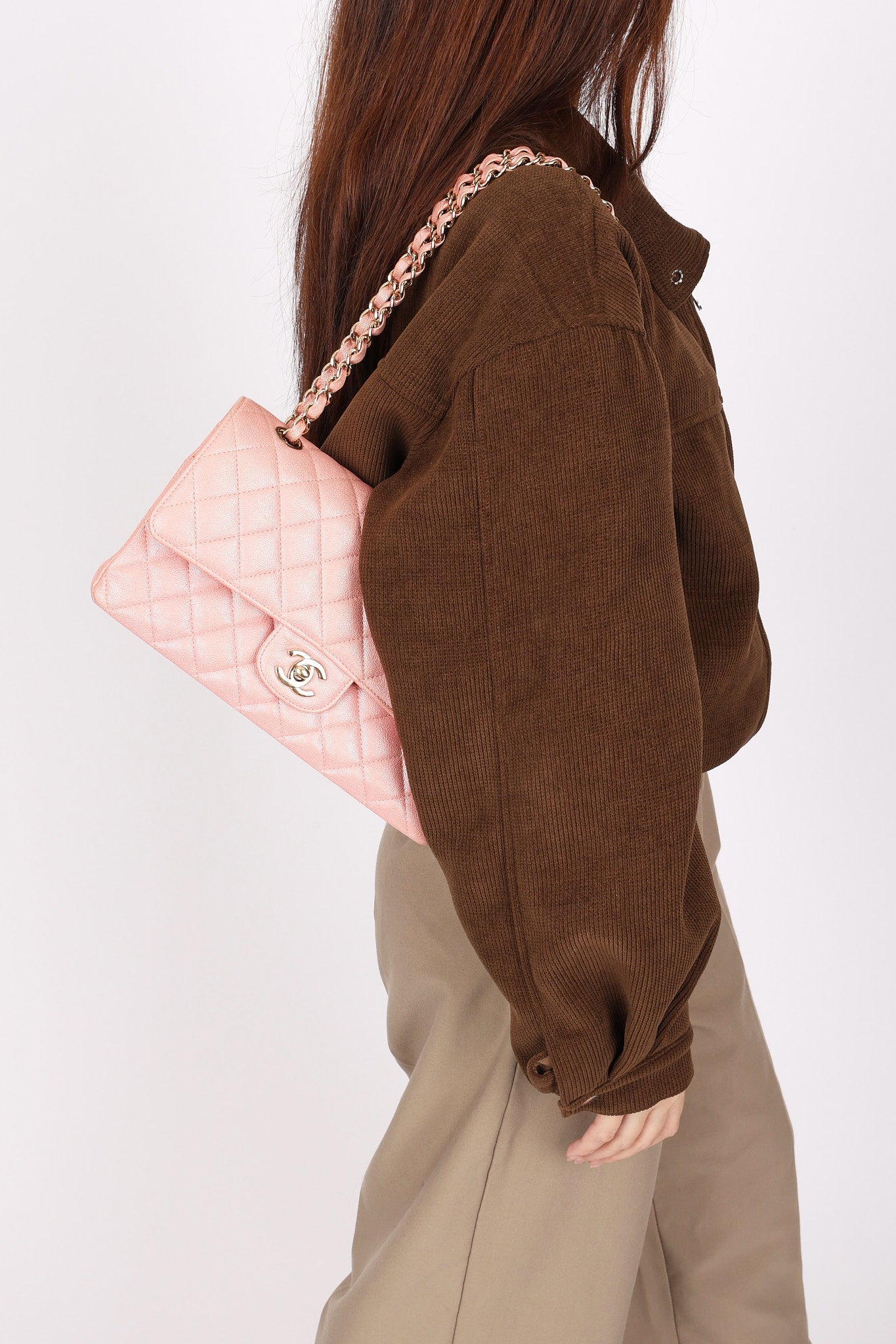 Chanel Medium Classic Double Flap Pink Iridescent Caviar GHW