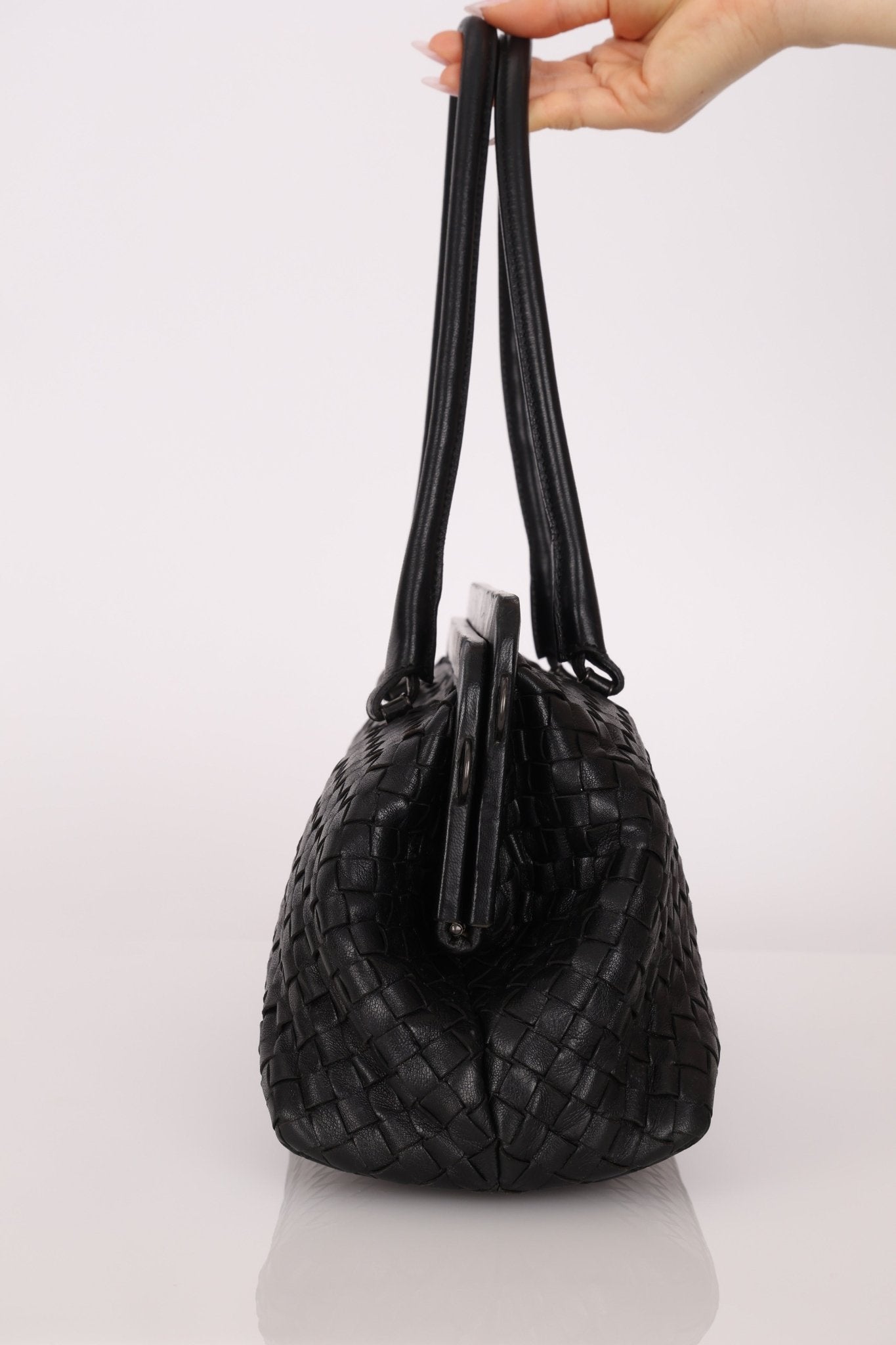 Bottega Veneta Black Intrecciato Frame East West Shoulder Bag - FashioNica