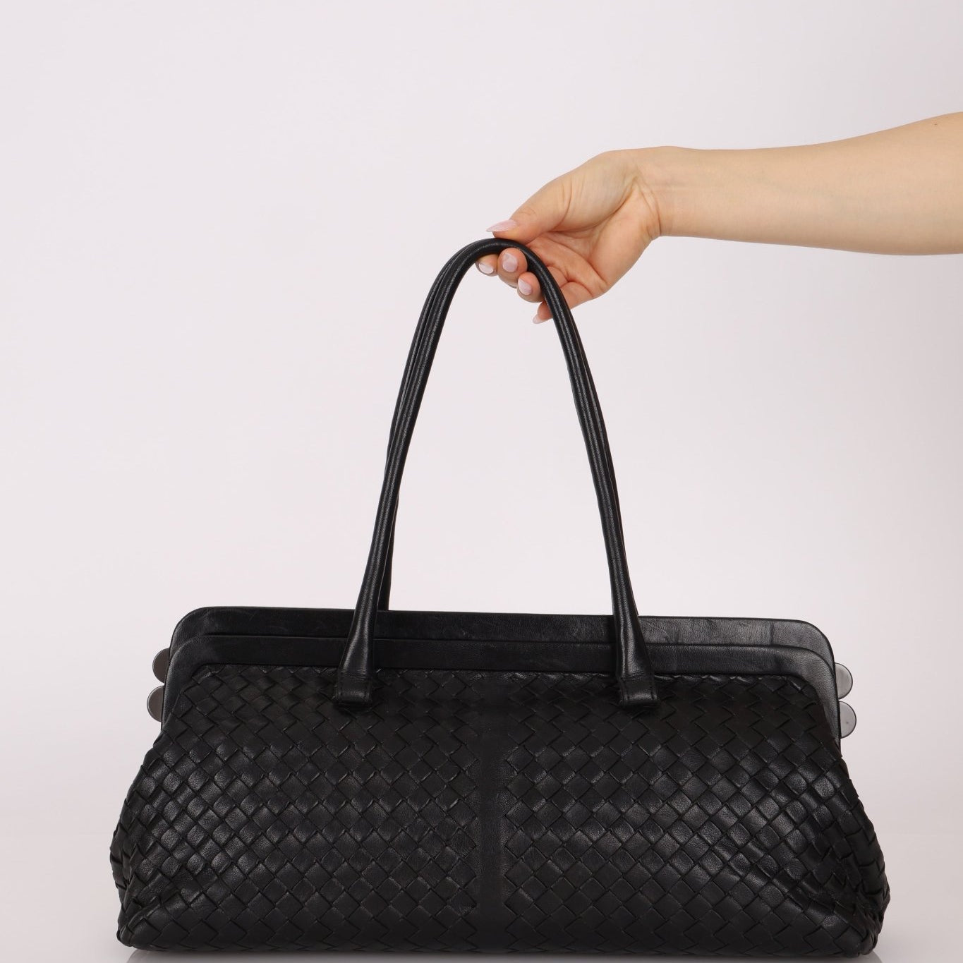 Bottega Veneta Black Intrecciato Frame East West Shoulder Bag - FashioNica