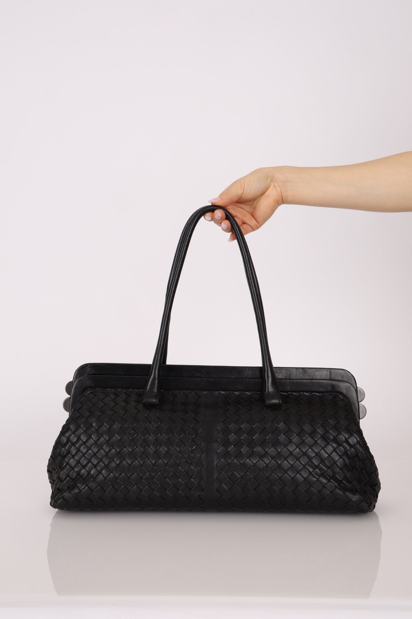 Bottega Veneta Black Intrecciato Frame East West Shoulder Bag - FashioNica