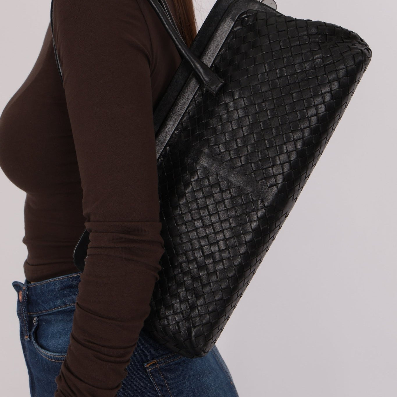 Bottega Veneta Black Intrecciato Frame East West Shoulder Bag - FashioNica