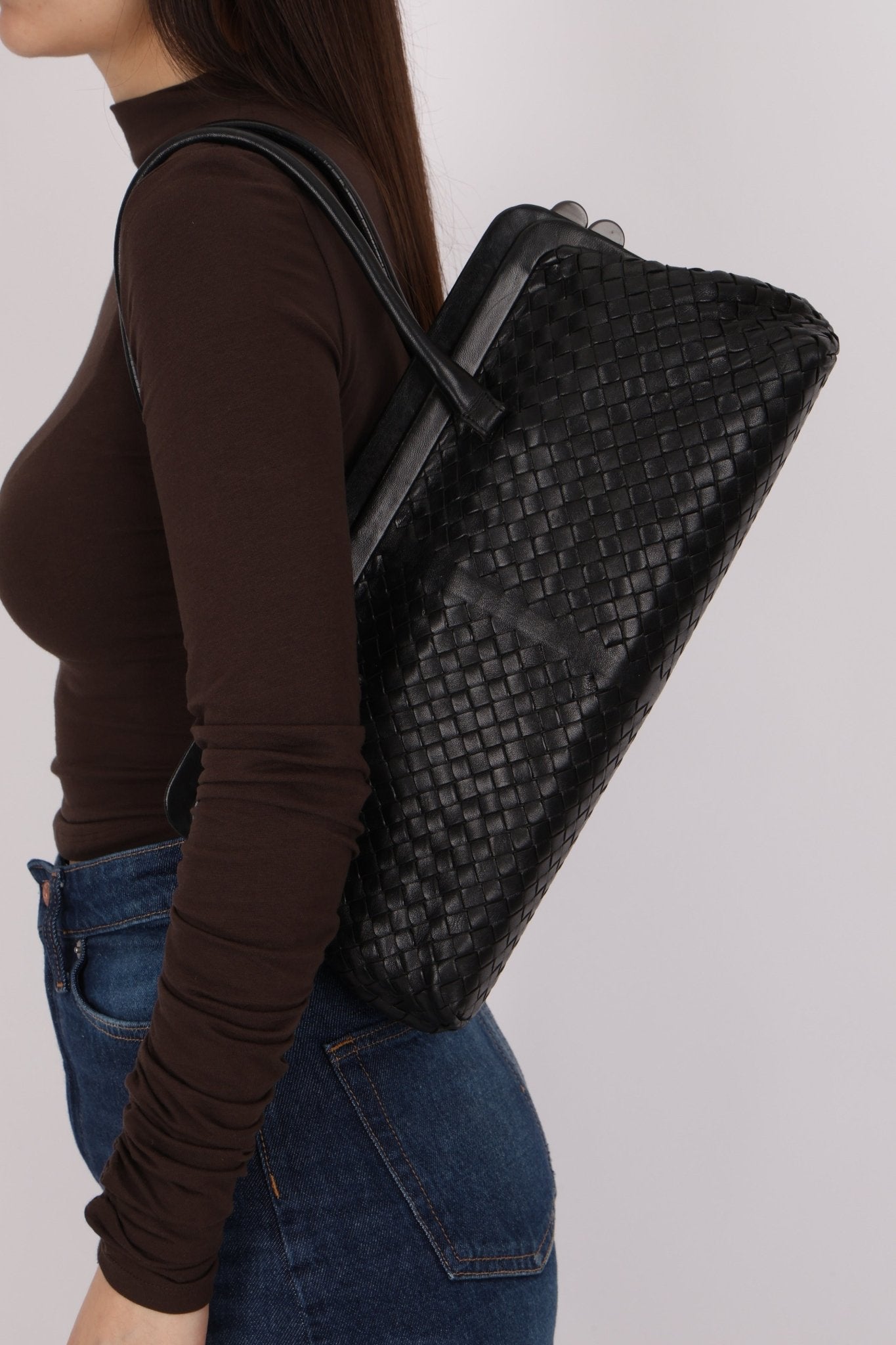 Bottega Veneta Black Intrecciato Frame East West Shoulder Bag - FashioNica