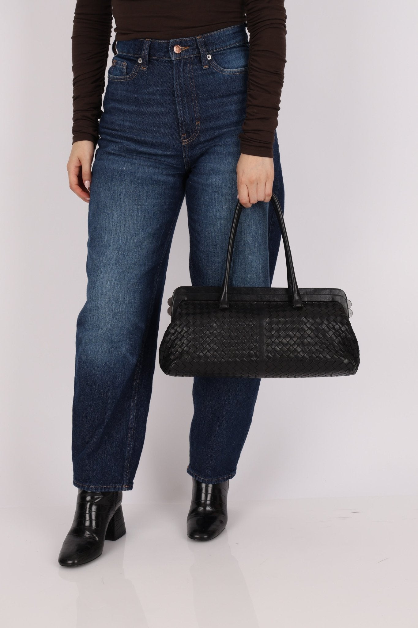 Bottega Veneta Black Intrecciato Frame East West Shoulder Bag - FashioNica