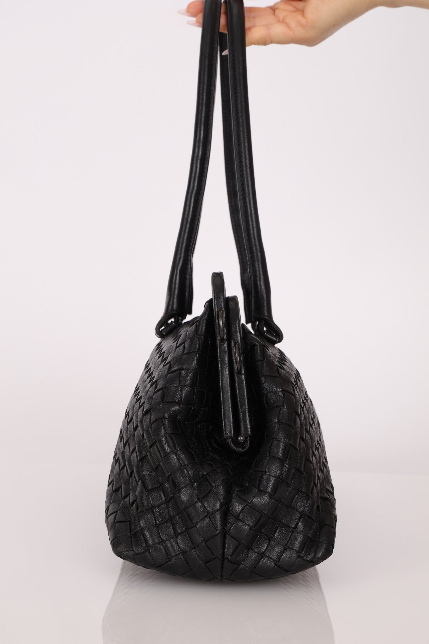 Bottega Veneta Black Intrecciato Frame East West Shoulder Bag - FashioNica